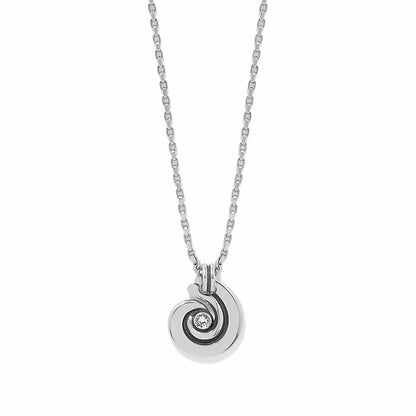 Brighton pendant necklace with silver-plated swirl disc, crystal center accent, and box chain on a white background
