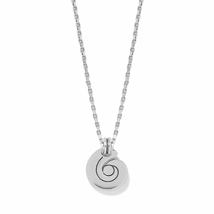 Brighton pendant necklace with silver-plated round disc featuring engraved spiral design and box chain on a white background