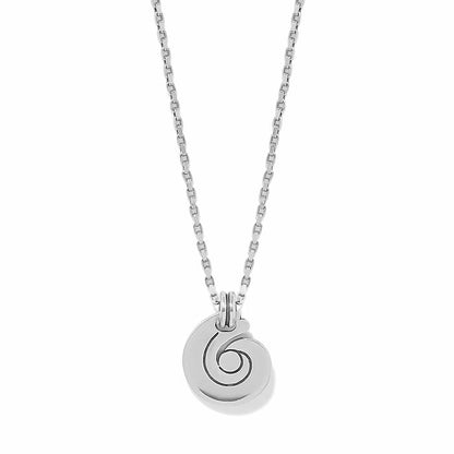 Brighton pendant necklace with silver-plated round disc featuring engraved spiral design and box chain on a white background