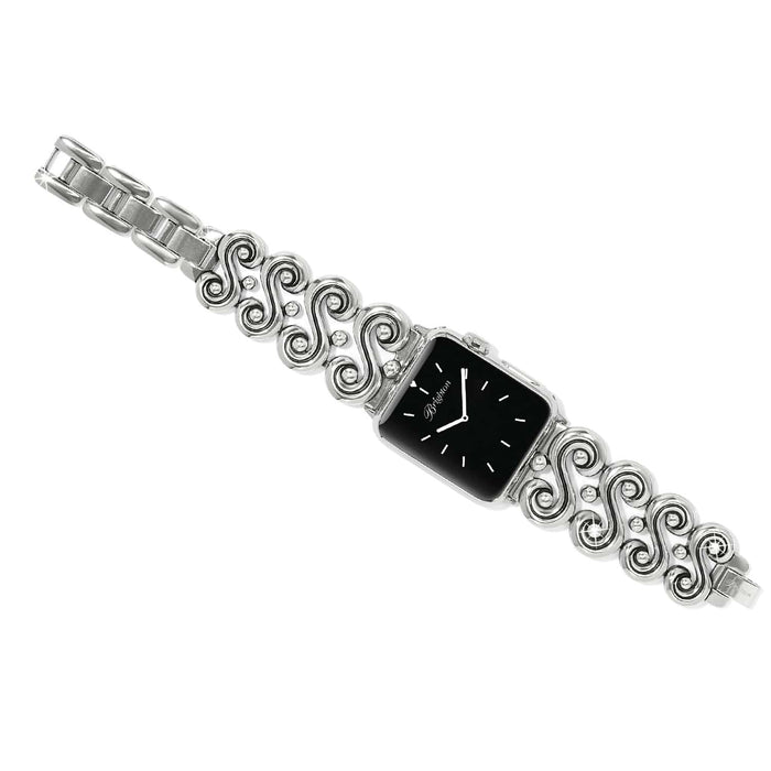 Brighton watch with black square face and silver-plated scrollwork bracelet band on a white background