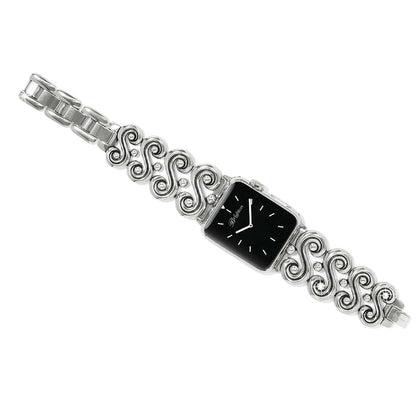 Brighton watch with black square face and silver-plated scrollwork bracelet band on a white background