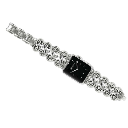 Brighton watch with black square face and silver-plated scrollwork bracelet band on a white background