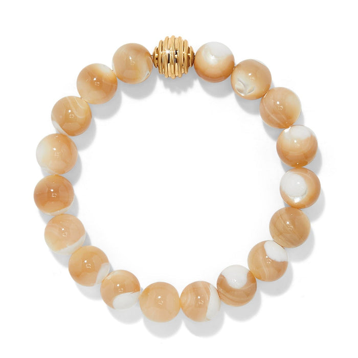 Brighton beaded bracelet with cream and tan swirled stone beads and a gold-plated accent bead on a white background