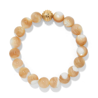 Brighton beaded bracelet with cream and tan swirled stone beads and a gold-plated accent bead on a white background