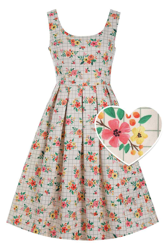 Amanda Cream White Floral Check Dress