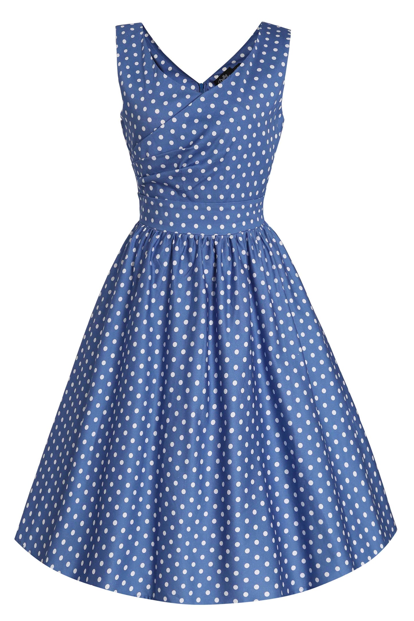 May Crossover Bust Blue and White Polka Dot Dress