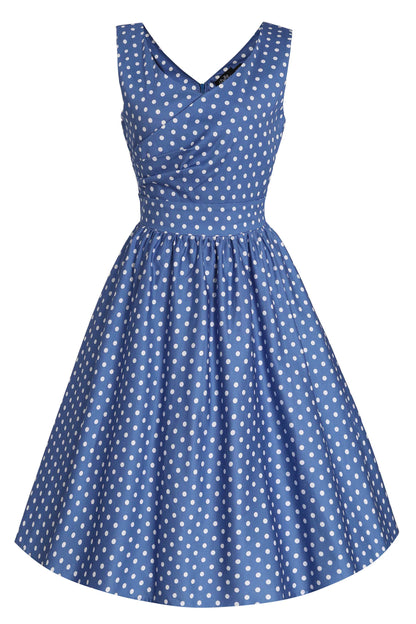 May Crossover Bust Blue and White Polka Dot Dress