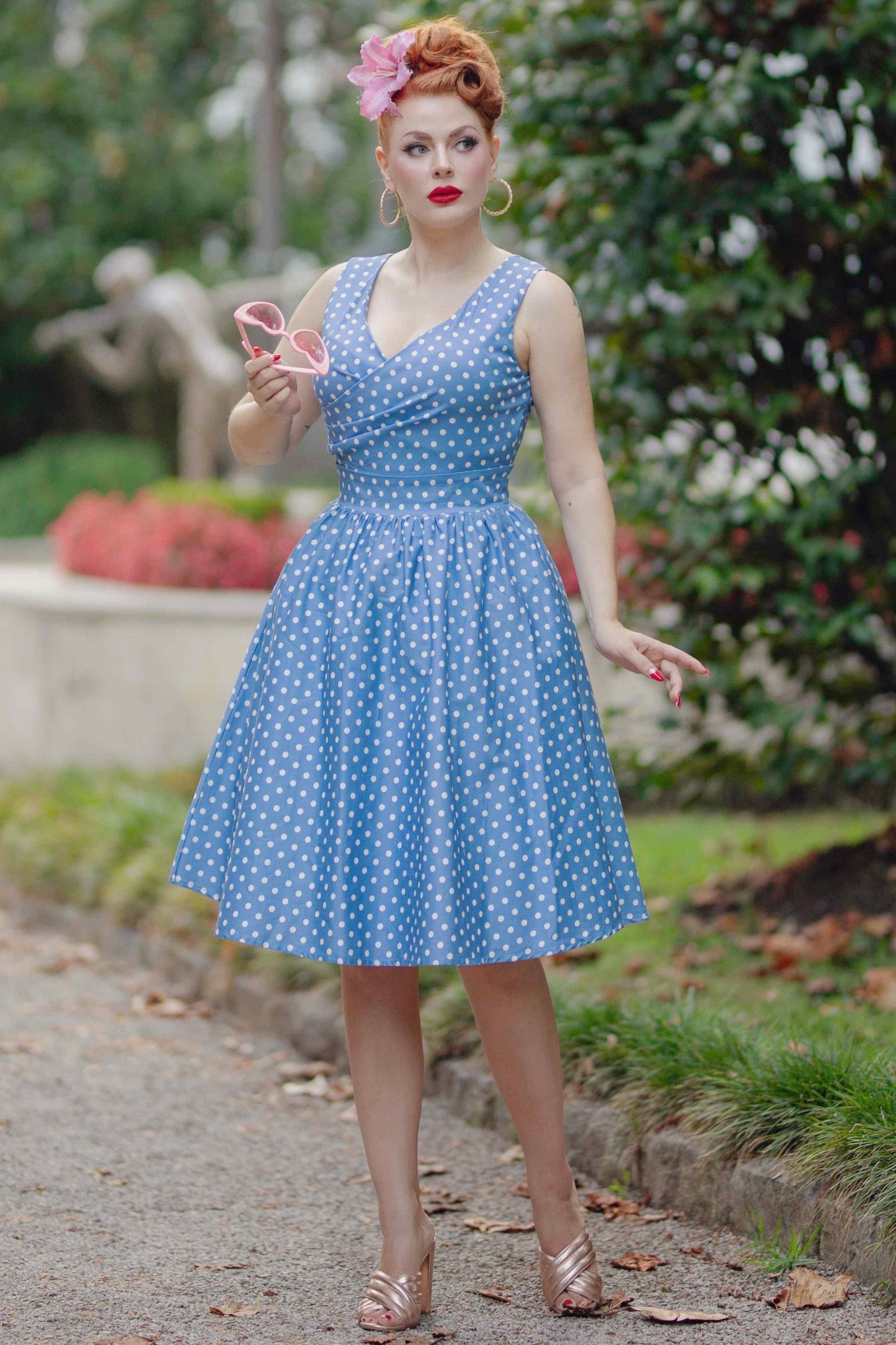 May Crossover Bust Blue and White Polka Dot Dress