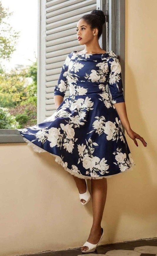 Deborah Flattering Swing Dress Navy with White Flowers
