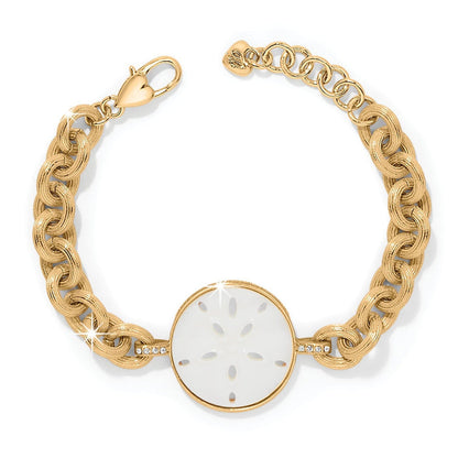 Brighton bracelet with mother-of-pearl shell sand dollar centerpiece, crystal accents, and gold-plated chain on a white background