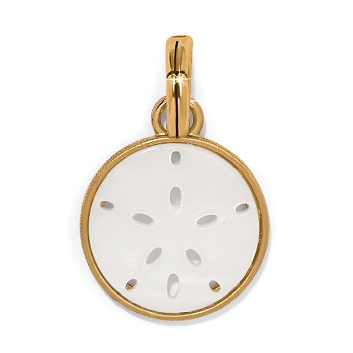 Brighton sand dollar charm with mother of pearl shell and gold plated frame on a white background