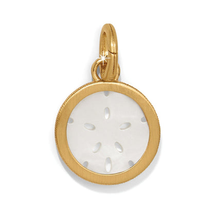Brighton sand dollar charm with mother-of-pearl shell center and gold-plated frame on a white background