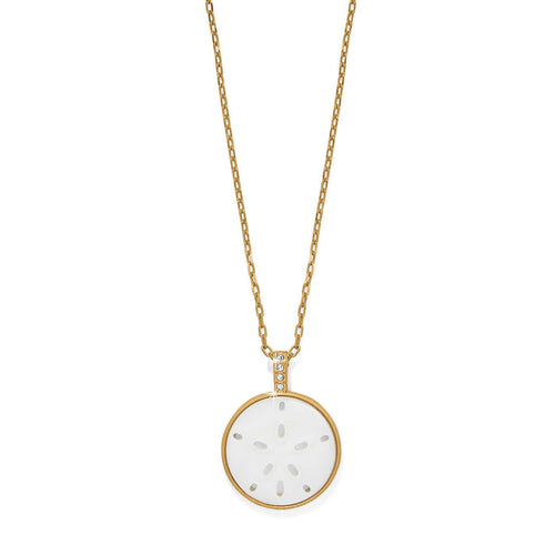 Brighton gold-plated pendant necklace with mother-of-pearl sand dollar disc and crystal-accented bail on a white background