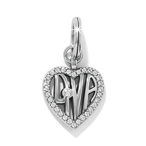 Brighton heart charm with silver-plated finish, crystal border, and Love lettering on a white background