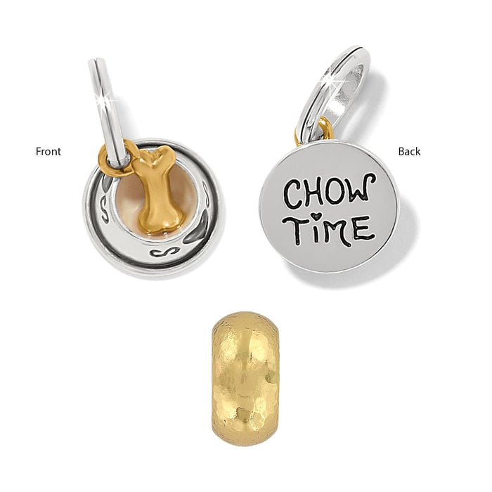 Brighton charm shown front and back with gold bone, silver dog bowl, and Chow Time engraving on a white background