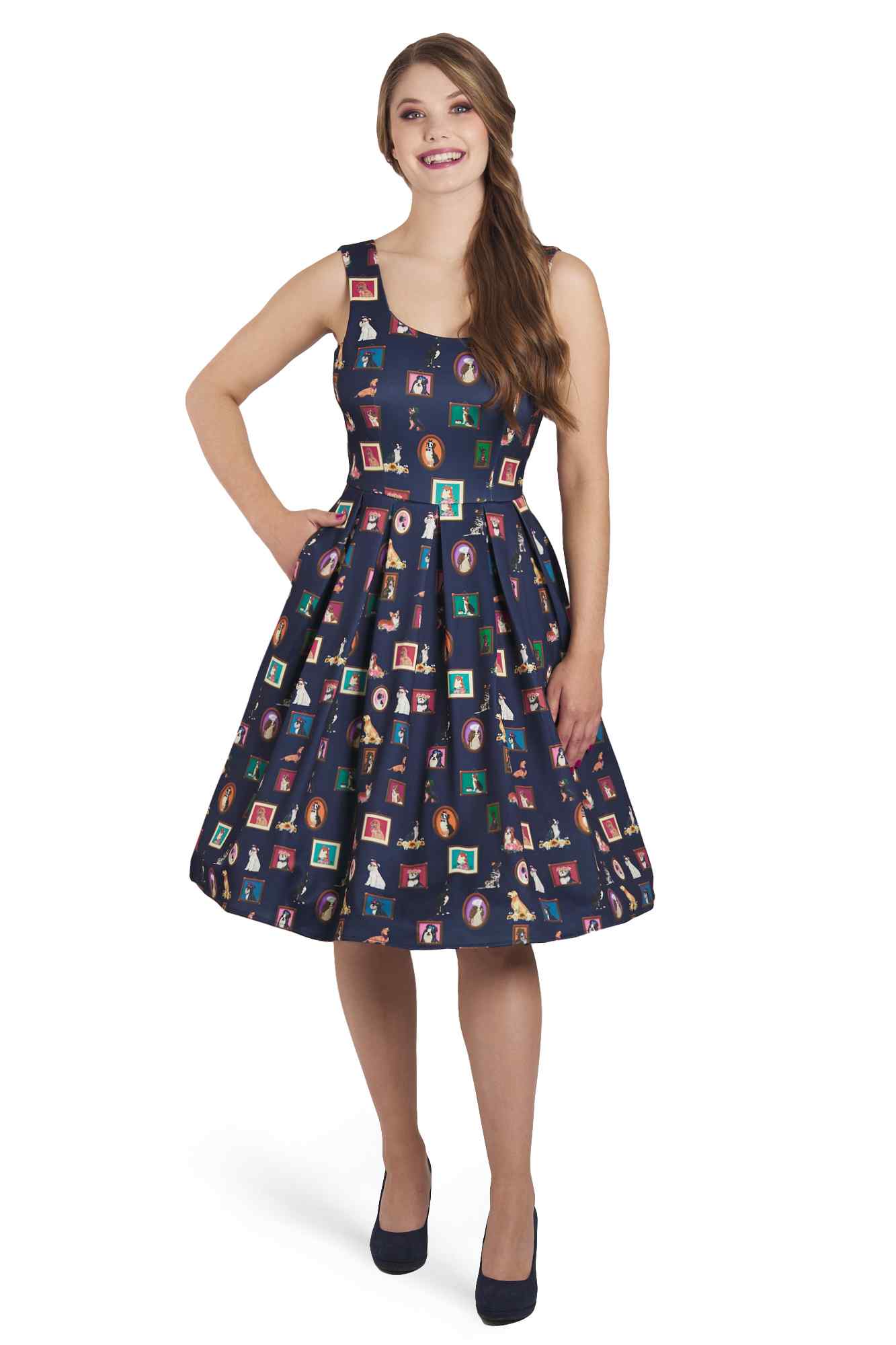 Amanda Dog Frame Circle Dress In Navy Blue