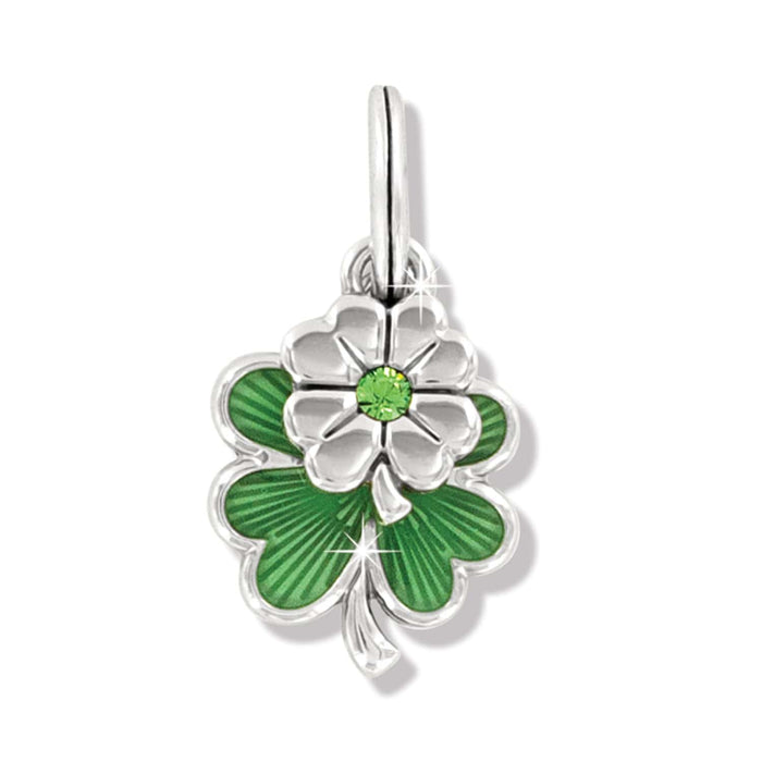 Brighton four-leaf clover charm with green enamel leaves, silver-plated finish, and green crystal center on a white background