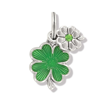 Brighton four-leaf clover charm with green enamel and silver-plated clover with green crystal on a white background