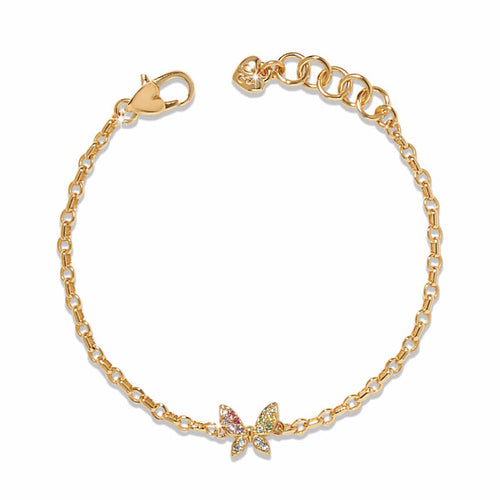 Brighton gold-plated chain bracelet with crystal butterfly charm and lobster clasp on a white background