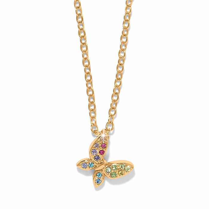 Brighton butterfly pendant necklace with multicolored crystals and gold-plated chain on a white background