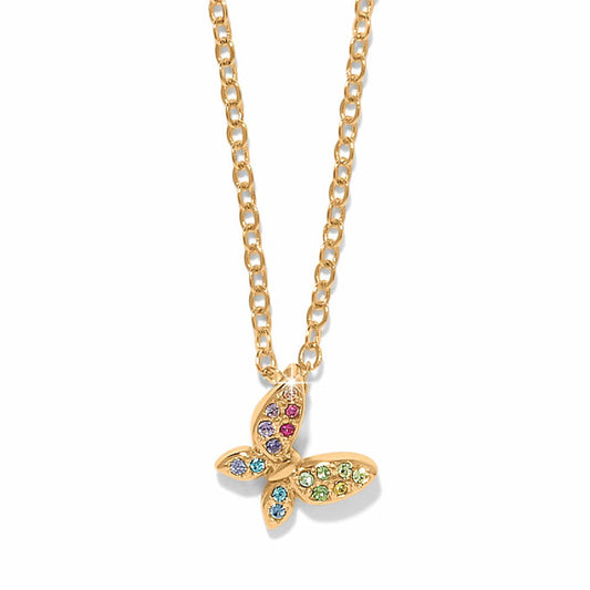 Brighton butterfly pendant necklace with multicolored crystals and gold-plated chain on a white background