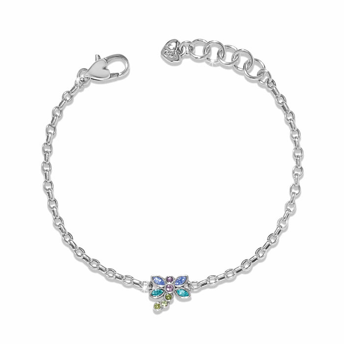 Brighton bracelet with silver-plated chain and multicolored crystal flower charm with lobster clasp on a white background