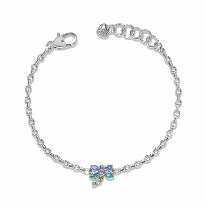 Brighton bracelet with silver-plated chain and multicolored crystal flower charm with lobster clasp on a white background