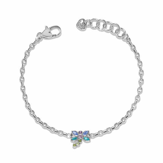 Brighton bracelet with silver-plated chain and multicolored crystal flower charm with lobster clasp on a white background