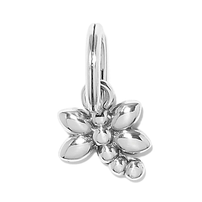 Brighton silver-plated flower charm with petal and bead detailing and split ring on a white background