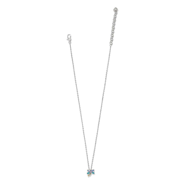 Brighton silver-plated necklace with small floral crystal pendant in blue, purple, and green tones on a white background