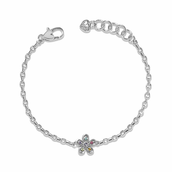 Brighton silver-plated chain bracelet with multicolor crystal flower charm and lobster clasp on a white background