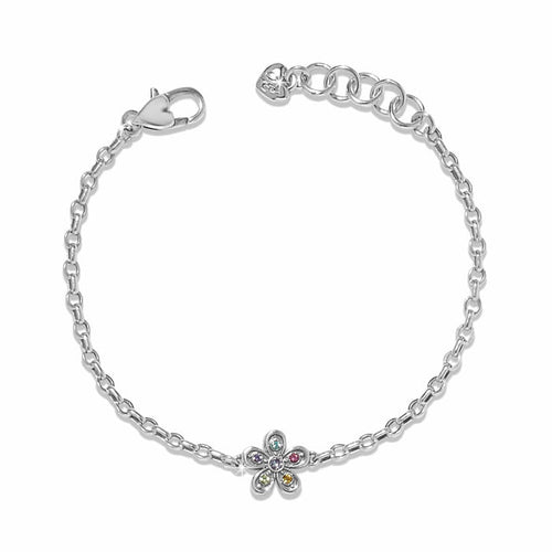 Brighton silver-plated chain bracelet with multicolor crystal flower charm and lobster clasp on a white background