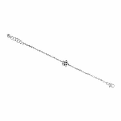Brighton silver-plated bracelet with central beaded flower charm, cable chain, extender, and lobster clasp on a white background