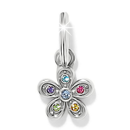 Brighton flower charm with silver-plated petals and multicolored crystal accents on a white background