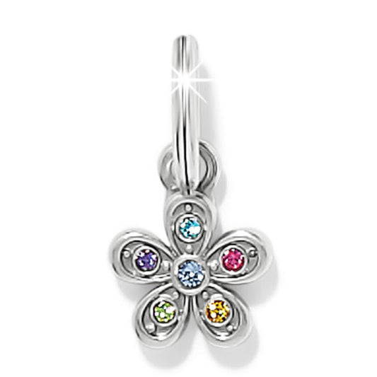 Brighton flower charm with silver-plated petals and multicolored crystal accents on a white background