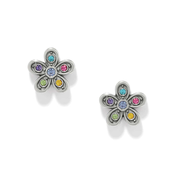 Brighton flower stud earrings with silver-plated petals and multicolored crystal accents on a white background