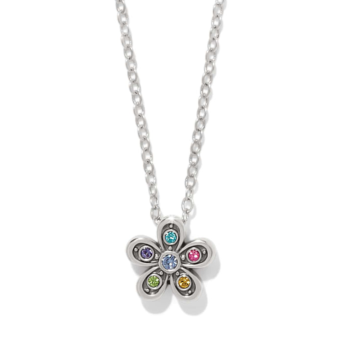 Brighton pendant necklace with silver-plated flower featuring multicolored crystals on a delicate chain on a white background