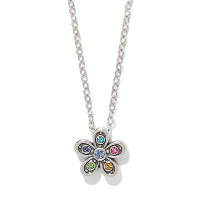 Brighton pendant necklace with silver-plated flower featuring multicolored crystals on a delicate chain on a white background