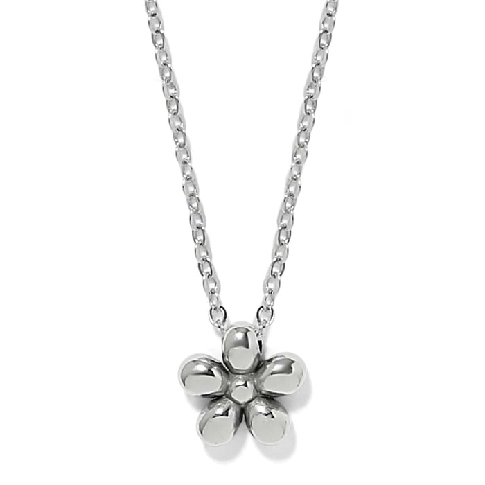 Brighton pendant necklace with silver-plated flower charm and delicate cable chain on a white background