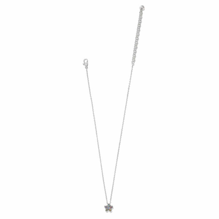 Brighton silver-plated pendant necklace with multicolored crystal flower charm and lobster clasp on a white background