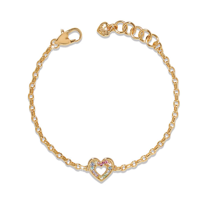 Brighton bracelet with gold-plated chain and multicolor crystal heart charm with adjustable clasp on a white background