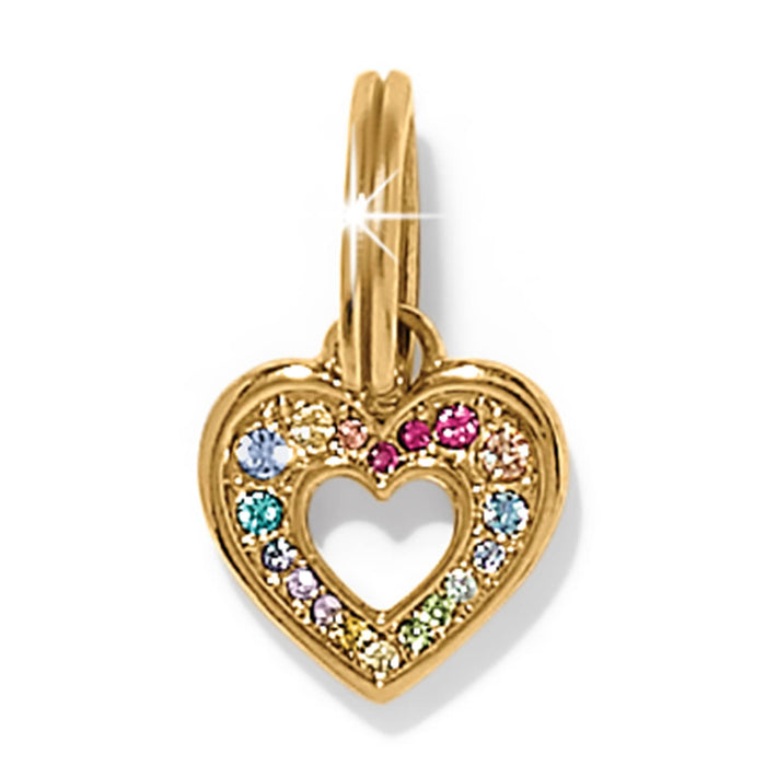 Brighton heart charm pendant in gold-plated finish with multicolored crystals around an open heart cutout on a white background