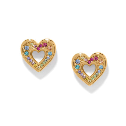 Brighton stud earrings with gold-plated open heart design and multicolored crystal accents on a white background