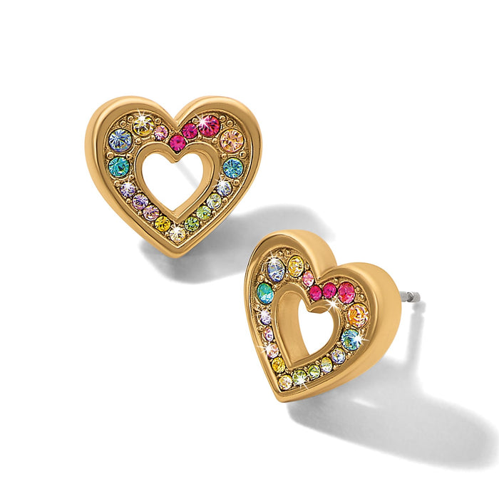 Brighton stud earrings with gold-plated open heart design and multicolored crystal accents on a white background