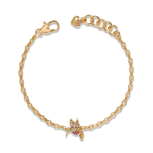 Brighton gold-plated chain bracelet with crystal hummingbird charm and heart-shaped lobster clasp on a white background