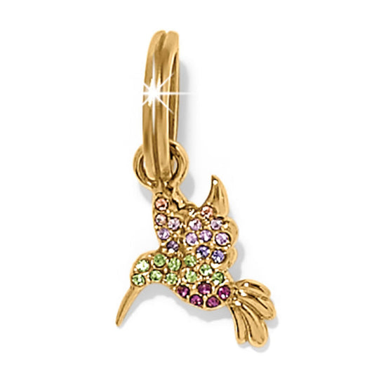 Brighton hummingbird charm with multicolored crystals and gold-plated finish on a white background