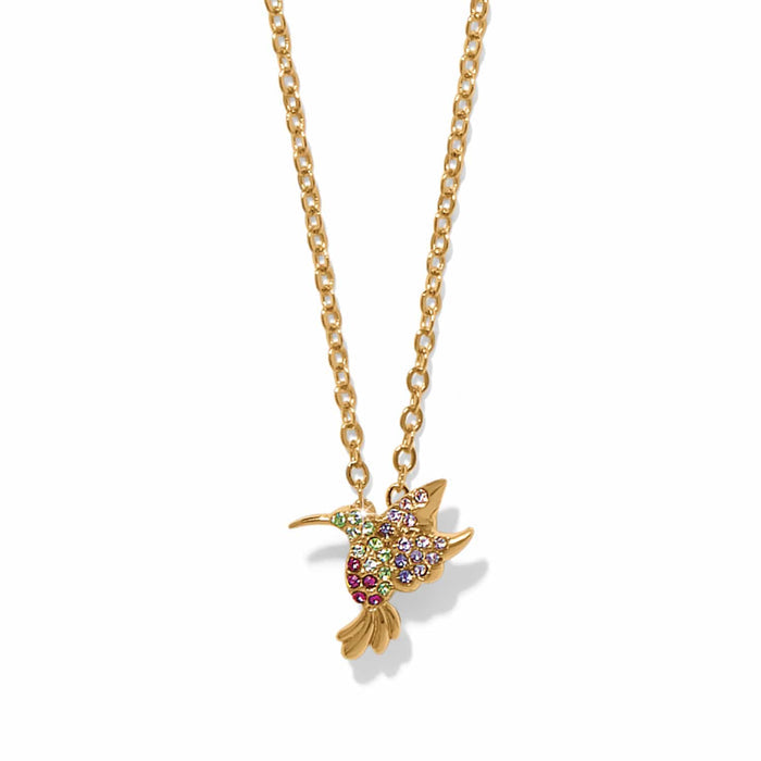 Brighton hummingbird pendant necklace with multicolored crystals and gold-plated chain on a white background