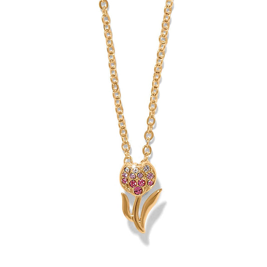 Brighton pendant necklace with gold-plated tulip charm and pink crystal accents on a white background