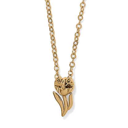 Brighton pendant necklace with gold-plated tulip flower charm and delicate cable chain on a white background