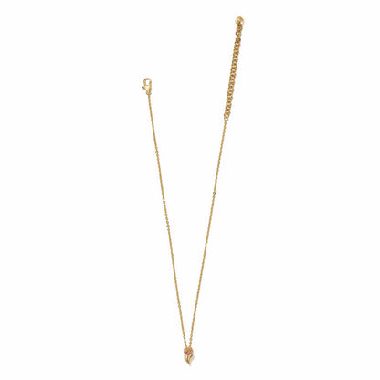 Brighton gold-plated pendant necklace with small crystal floral charm and lobster clasp on a white background